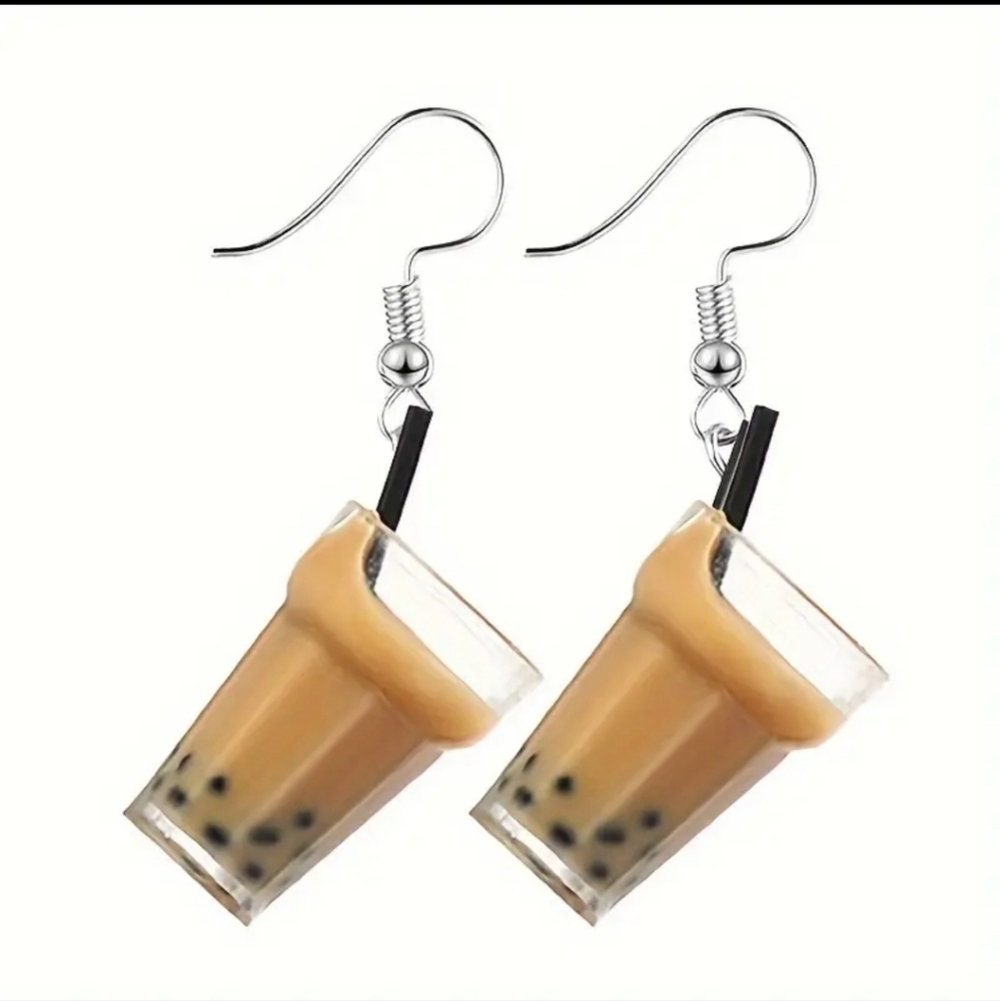 Milk Tea Coffee Acrylic Dangling Alloy Whimsical Earrings.